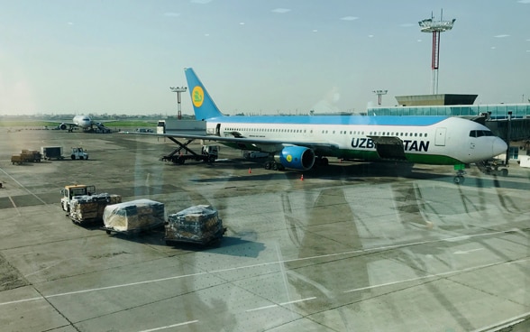 Ein Flugzeug wird am Flughafen von Taschkent beladen.