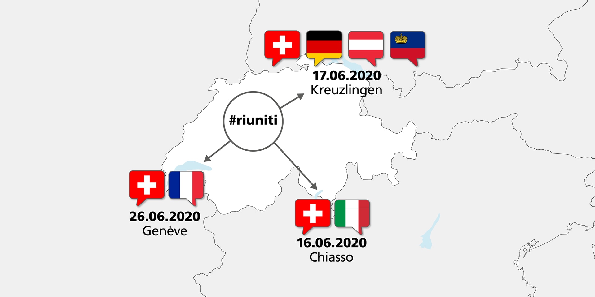 Carte de la Suisse, avec les lieux dans lesquels se rend le conseiller fédéral Ignazio Cassis et le nom de ses interlocuteurs. À Chiasso, il rencontre le ministre italien des affaires étrangères, à Kreuzlingen des représentants de l’Autriche, du Liechtenstein et de l’Allemagne et à Genève un représentant de la France.