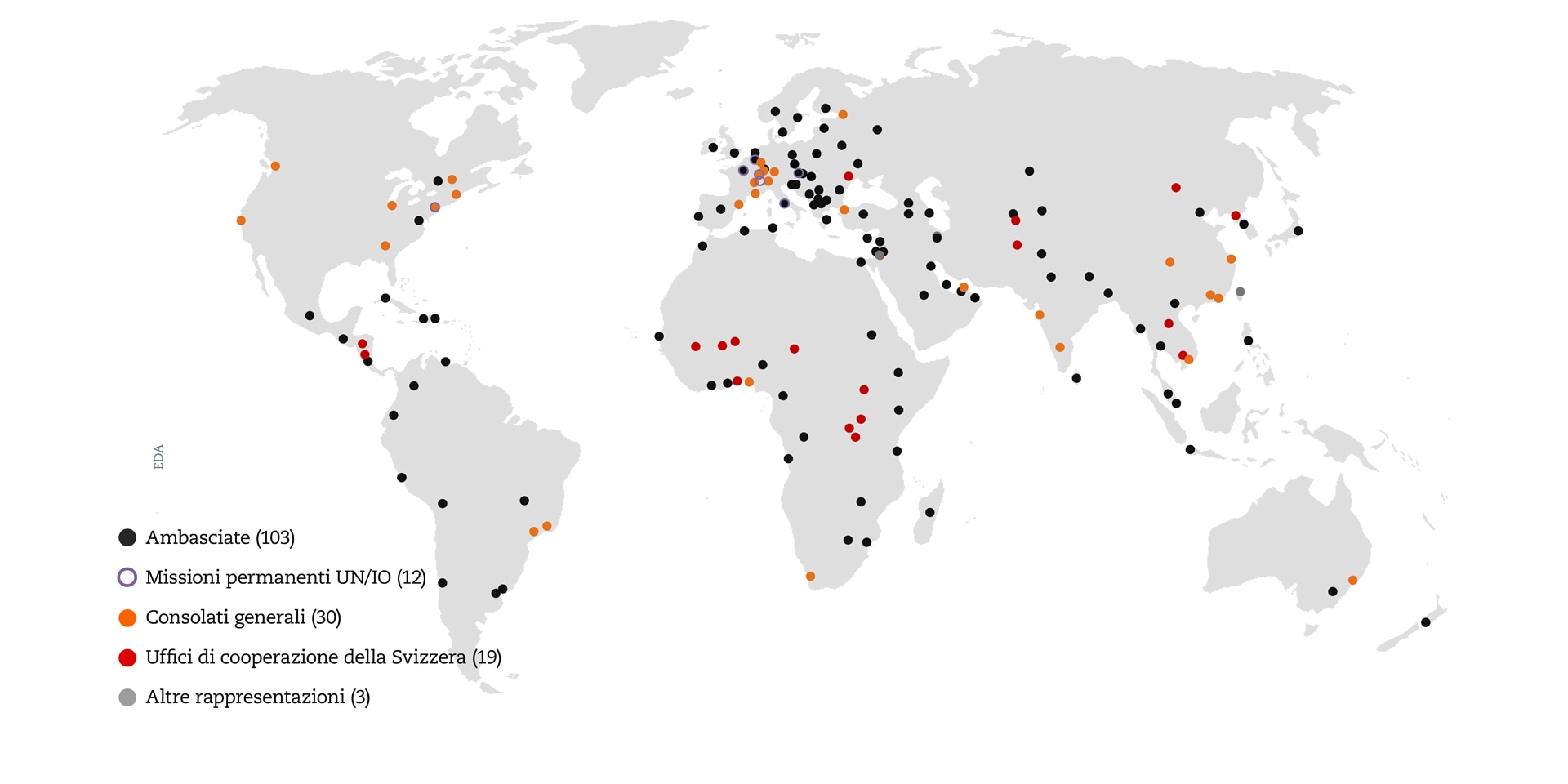 Carta geografica del mondo con le sedi esterne del DFAE 