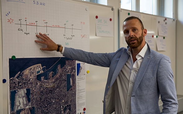  Dans la salle de crise de l’Aide humanitaire de la Confédération, le responsable de l’intervention, Silvio Flückiger, montre une carte de Beyrouth accrochée au mur. 