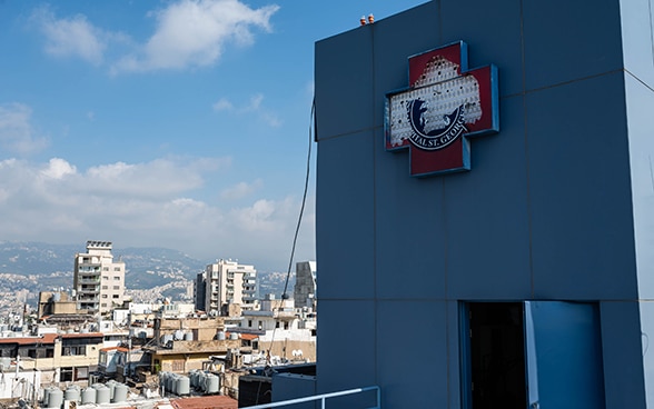  The facade of Saint Georges Hospital in Beirut was damaged by the explosion. 