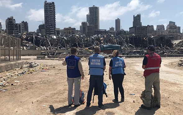 Experten der Schweiz, der EU und den UNO blicken in Richtung der Trümmer der Stadt.