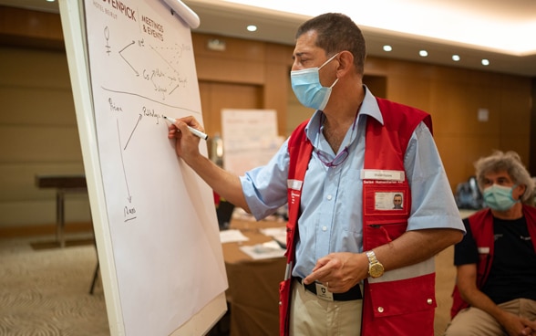 Dr Walid Habre travaille sur un concept de triage hospitalier au siège de la RRT.