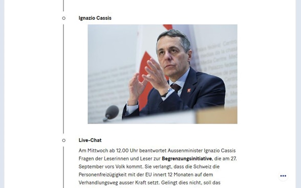  Un extrait de l’intranet montre une photo du conseiller fédéral Ignazio Cassis lors de sa participation au live chat du journal 20 minutes