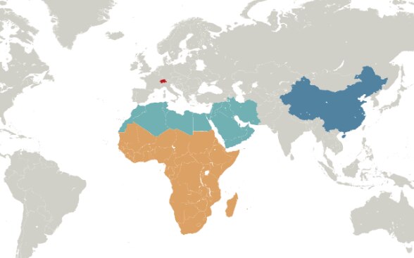 Weltkarte mit den farblich gekennzeichneten Gebieten Mittler Osten und Nordafrika, Sub-Sahara Afrika und China.