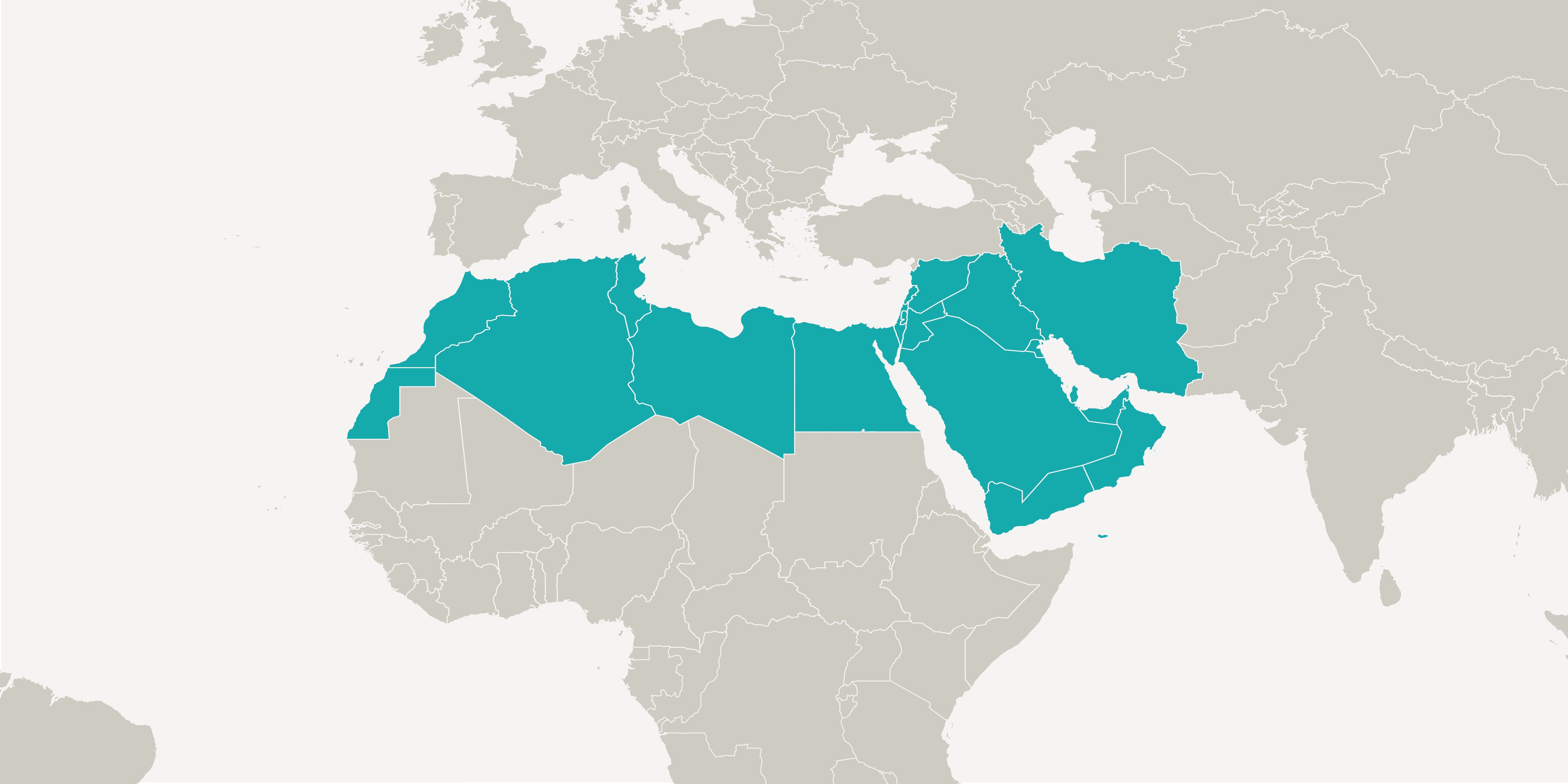 Un graphique montrant une partie de la carte du monde, où les 18 pays de la région MENA sont représentés en couleur: Moyen-Orient et Afrique du Nord.