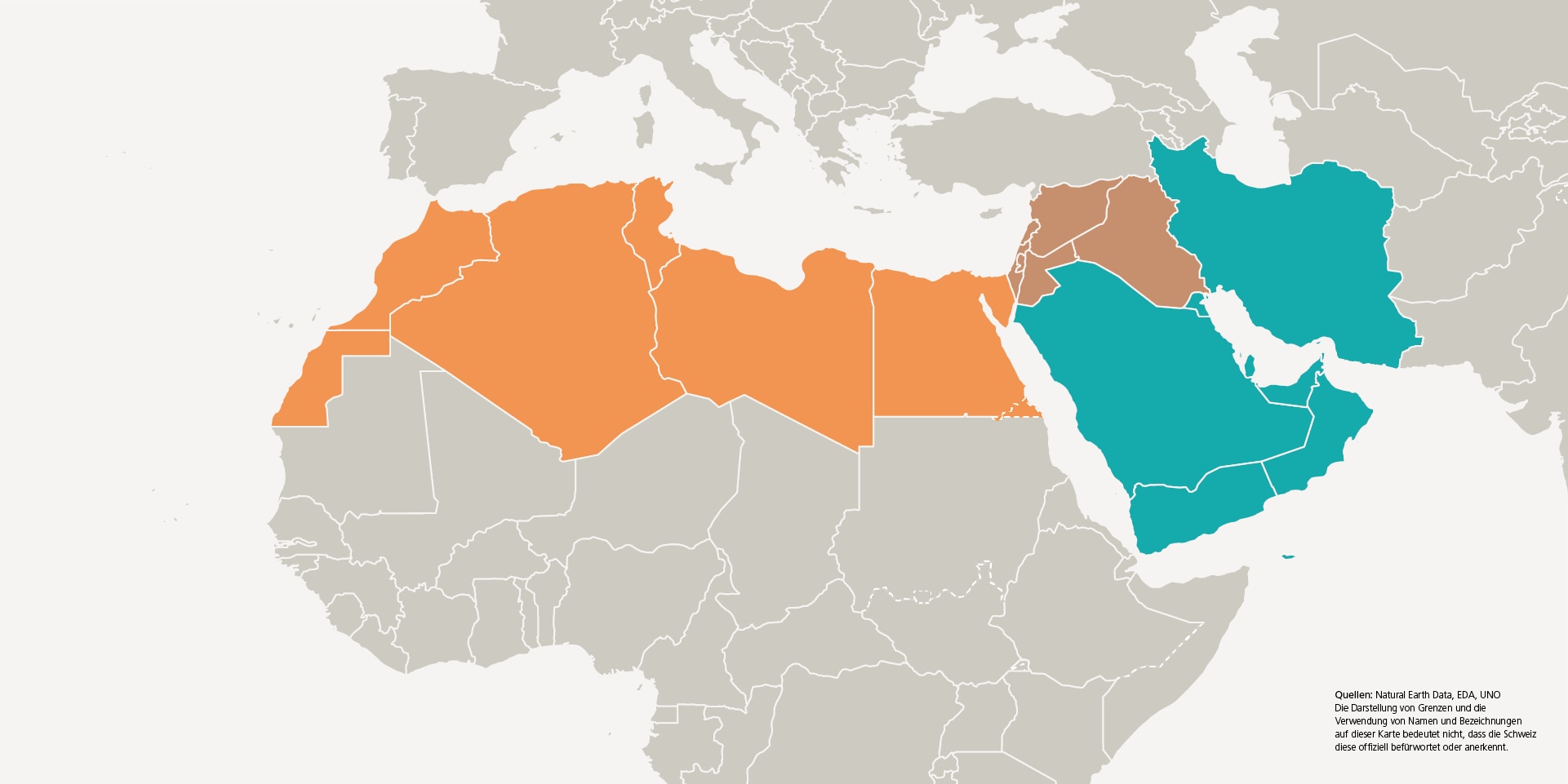  Eine Grafik zeigt die drei Unterregionen Nordafrika, Naher Osten und Arabische Halbinsel und Iran.