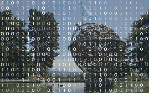  Transparente Folie eines Binärcodes mit Nullen und Einsen unterlegt mit einem Foto des Kunstwerks «Sphère Céleste» am UNO-Sitz in Genf.