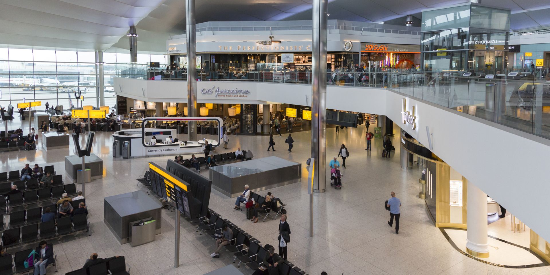 Looking into a departure lounge at London's Heathrow Airport.