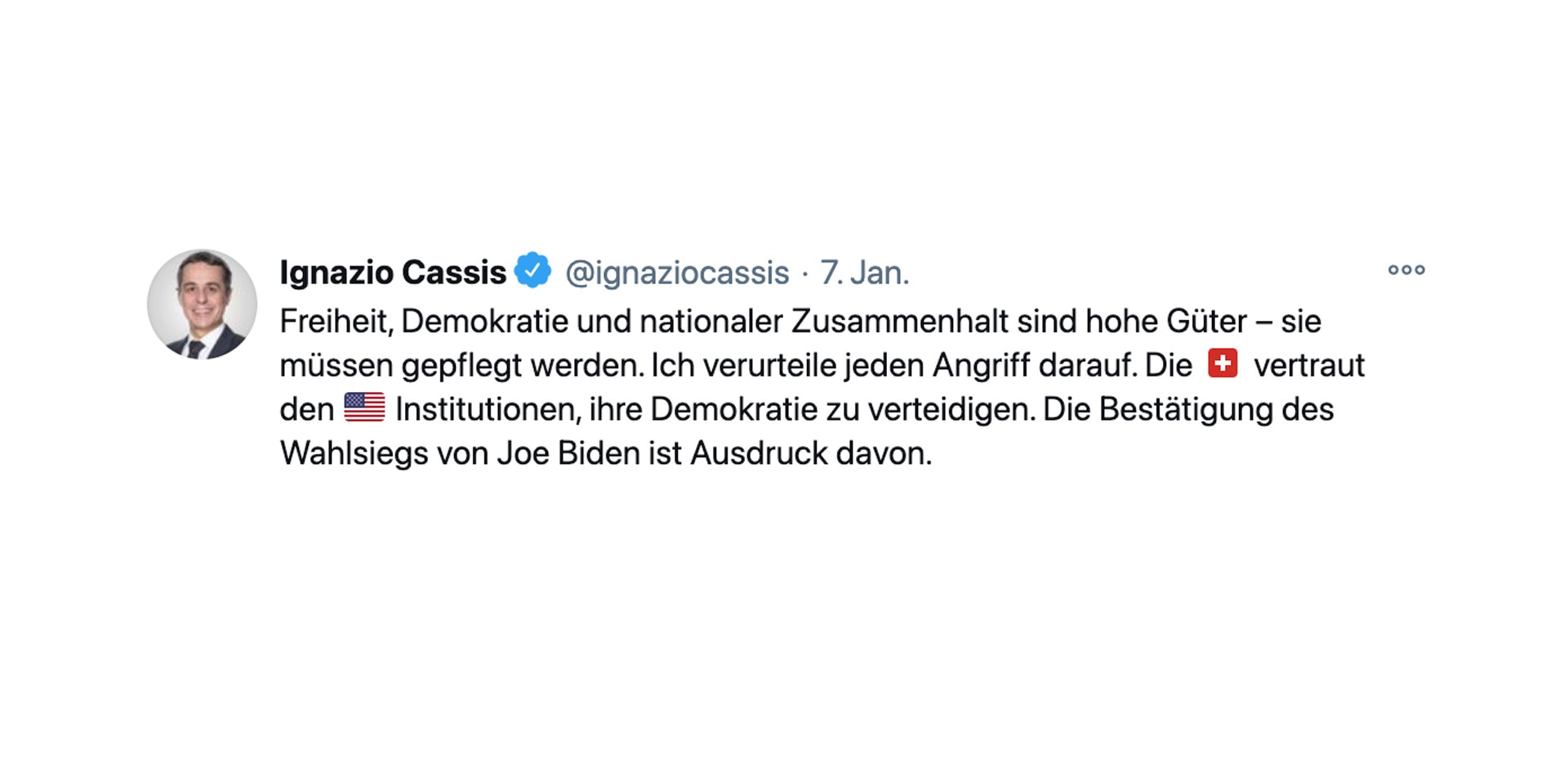 Bild vom Tweet, den Bundesrat Cassis nach den Ereignissen von Washington publiziert hat.