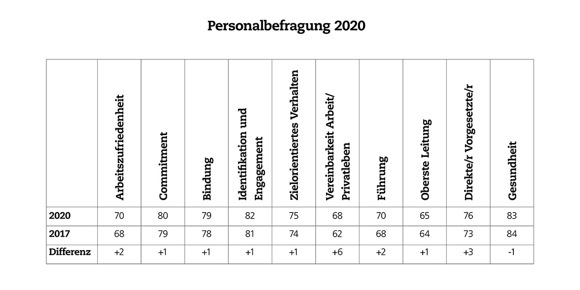 Grafik mit den Umfragewerten 2020 und 2017 in ausgewählten Bereichen, von Arbeitszufriedenheit bis Gesundheit.