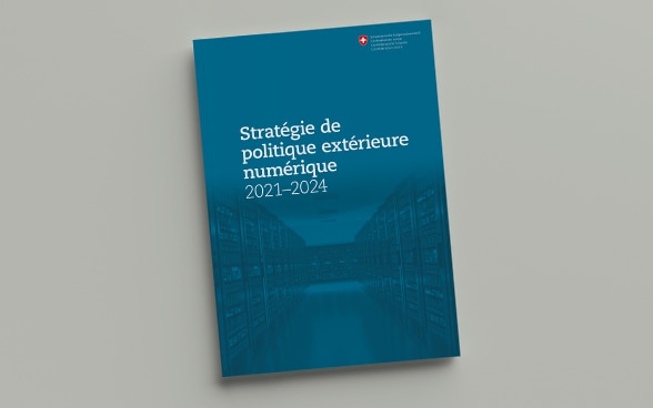 L'image montre une maquette de la stratégie de politique extérieure numérique du Conseil fédéral.