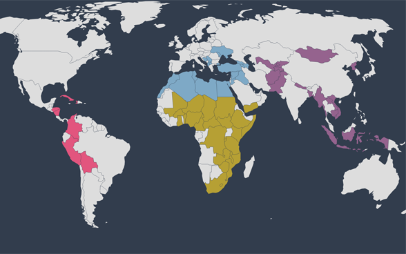 World map with Swiss priority countries and regions for international cooperation.