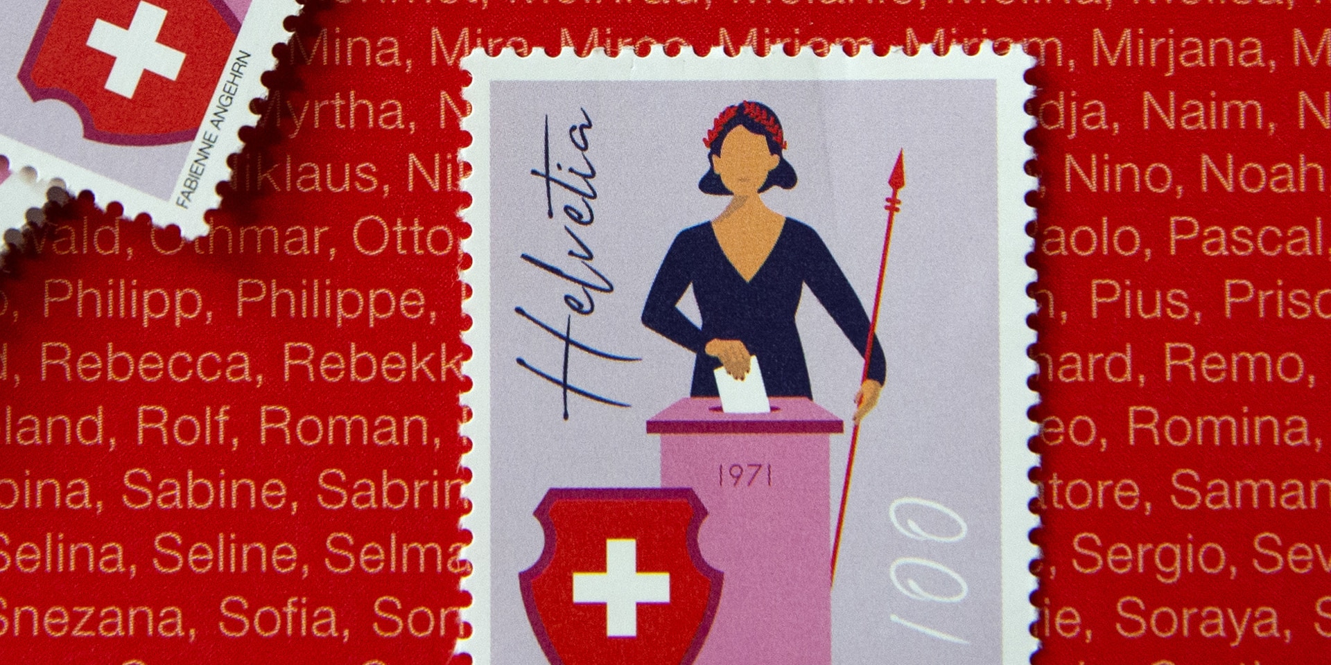 Timbre suisse émis à l’occasion de l’anniversaire des 50 ans du droit de vote et d’éligibilité des femmes.