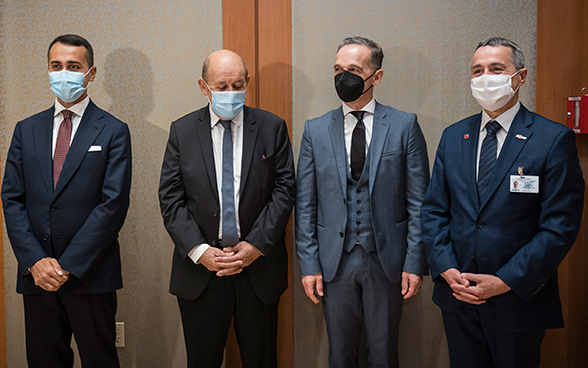 Rencontre avec les ministres des affaires étrangères des pays voisins de la Suisse en marge de l'événement sur la Libye : Luigi di Maio (Italie), Jean-Yves Le Drian (France) et Heiko Maas (Allemagne) avec le conseiller fédéral Ignazio Cassis.