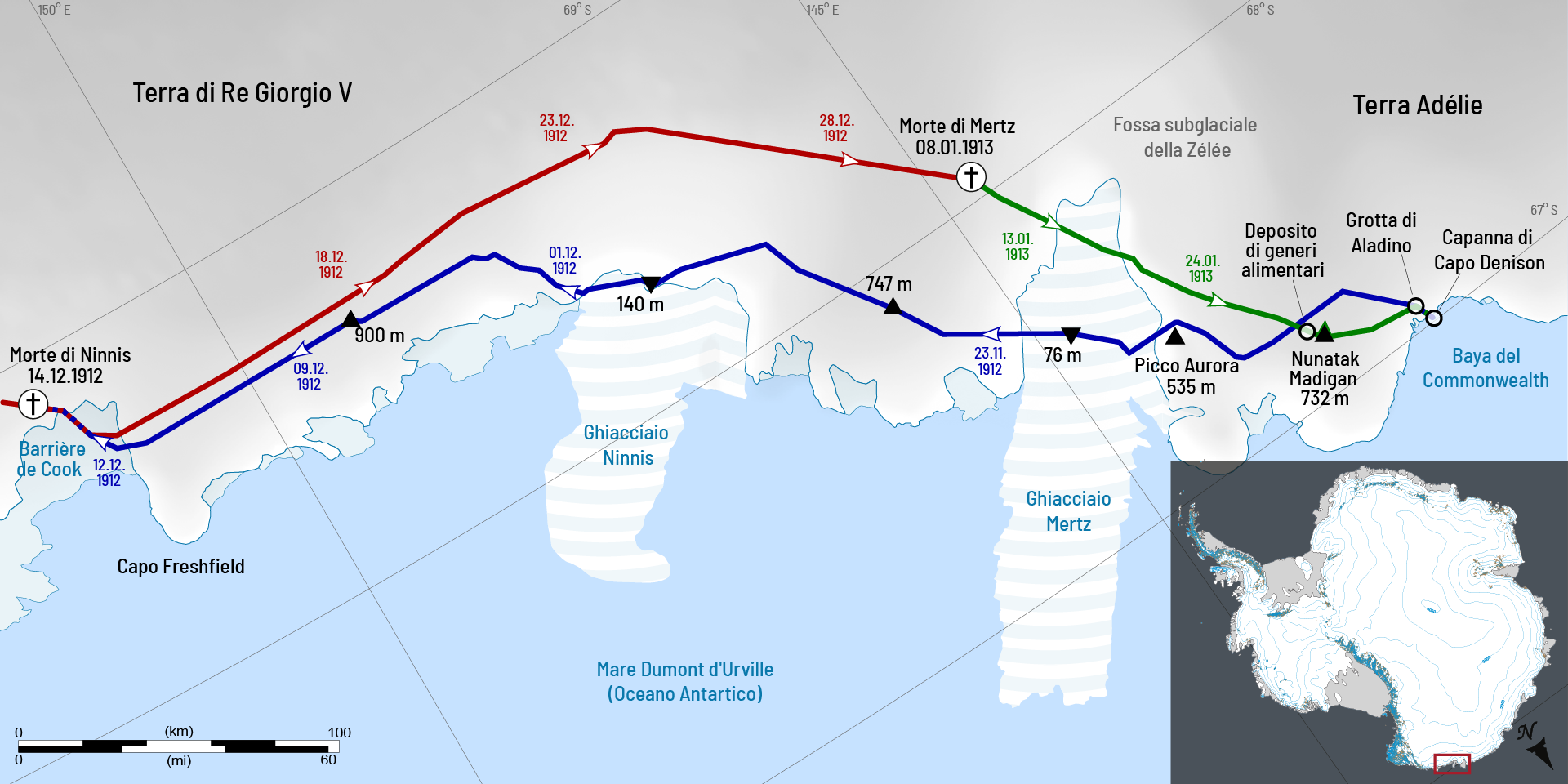 Itinerario attraverso l'Antartide orientale.