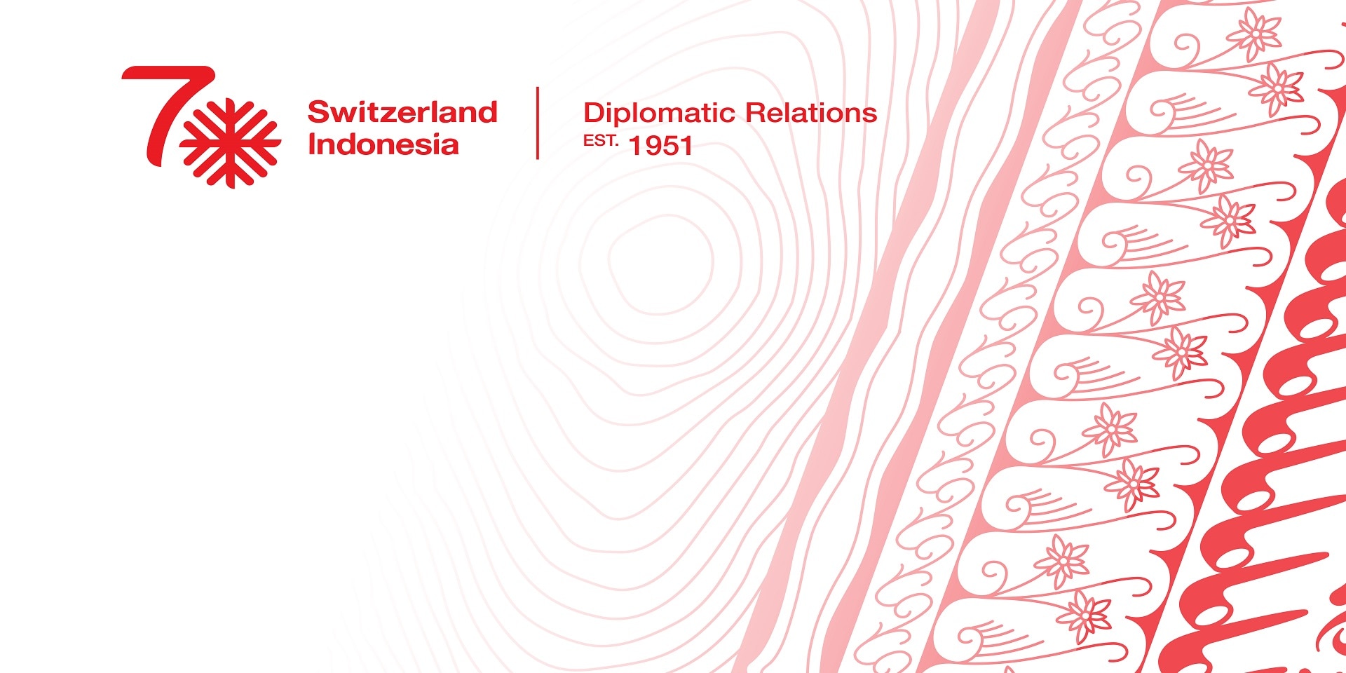 Le logo utilisé pour le 70e anniversaire des relations diplomatiques combine des symboles suisses et indonésiens et évoque l’amitié entre les deux pays. 