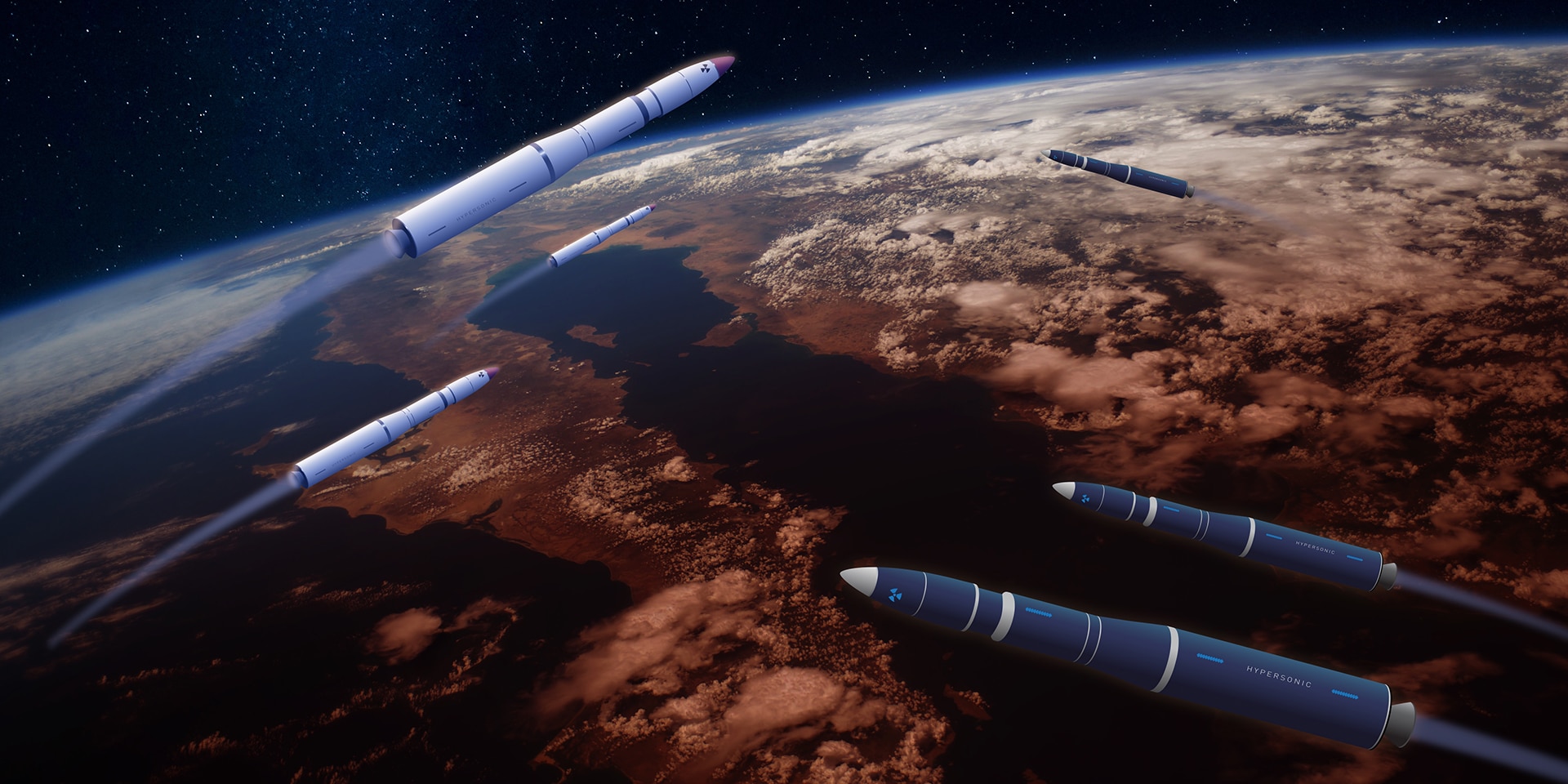 Illustration mit zahlreichen Raketen, die in unterschiedliche Richtungen fliegen, mit der Weltkugel im Hintergrund.