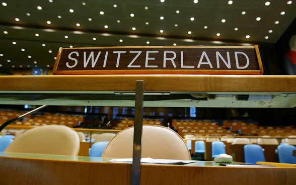 Targa in legno della Svizzera nella sala dell'Assemblea generale delle Nazioni Unite a New York.