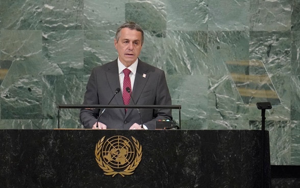 President Ignazio Cassis speaks before the UN General Assembly in New York.