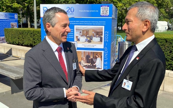 President Ignazio Cassis and Singapore's Foreign Minister Vivian Balakrishnan greet each other.