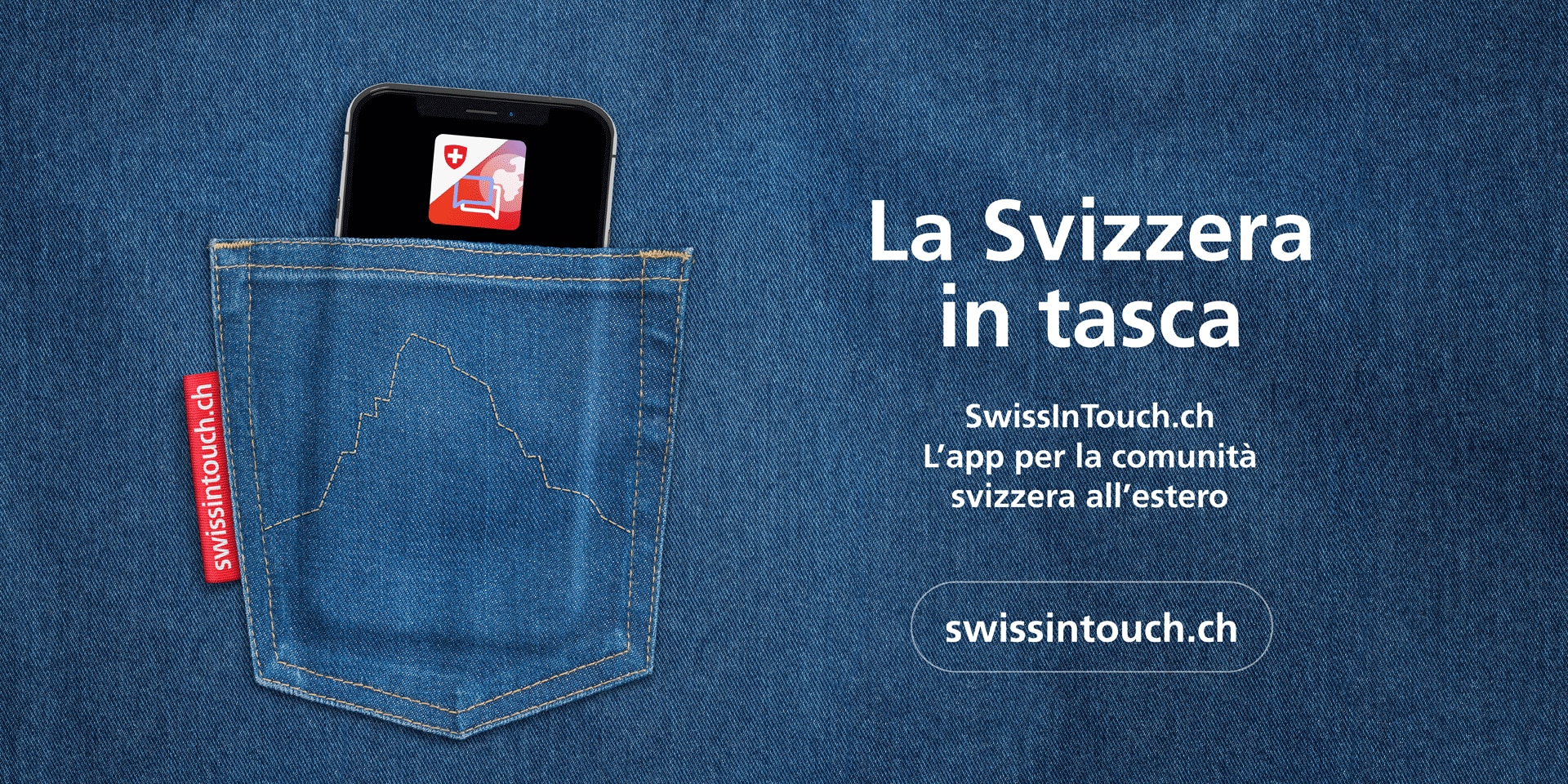 Un telefono cellulare infilato in una tasca dei pantaloni ornata con il Cervino annuncia il lancio dell’app SwissInTouch.