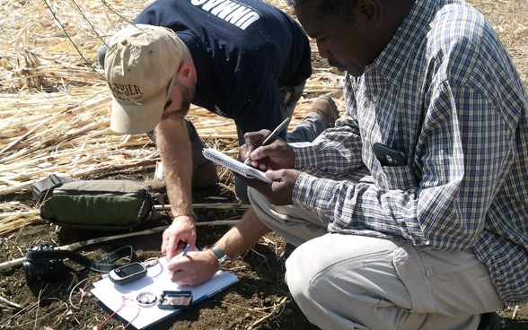 Two people mapping mines together.