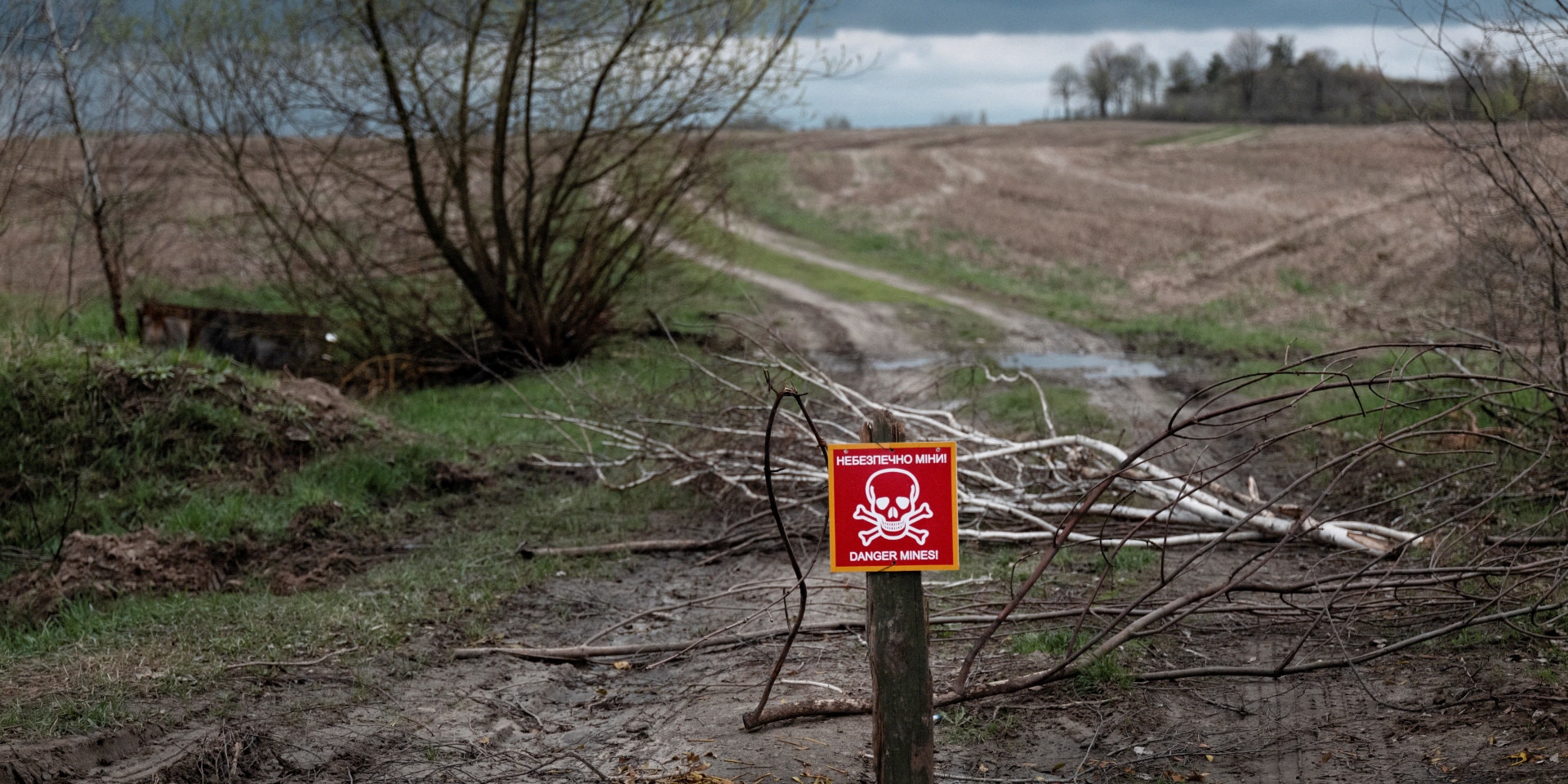 A red sign with a skull and crossbones is on a path and warns of a minefield.
