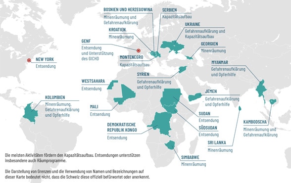 Weltkarte mit eingezeichneten Ländern, wo die Schweiz in der humanitären Minenräumung aktiv ist. 