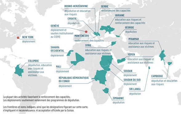 Carte du monde indiquant les pays où la Suisse est active dans le domaine de la lutte antimines. 