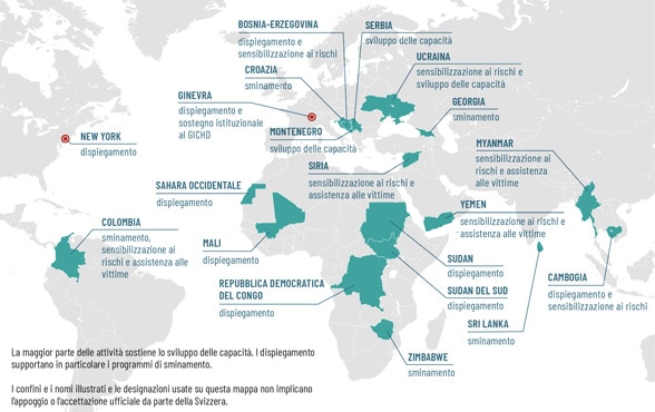 Mappa del mondo che mostra i Paesi in cui la Svizzera è attiva nello sminamento umanitario. 