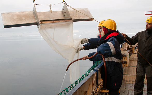Tre scienziati maneggiano attrezzature su una barca e indossano caschi gialli in testa.