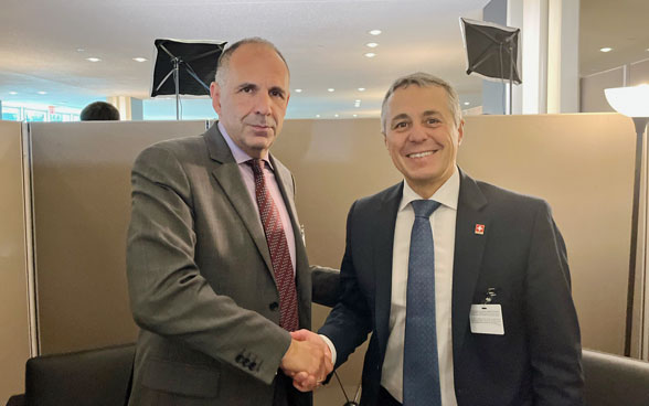 Il consigliere federale Ignazio Cassis e il ministro degli esteri greco Giorgos Gerapetritis si incontrano a New York per colloqui bilaterali.