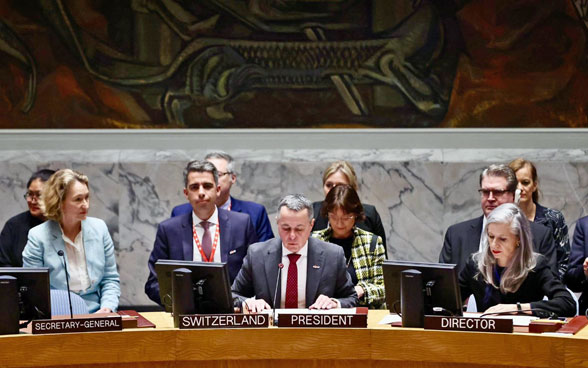 Federal Councillor Ignazio Cassis speaks at the horseshoe-shaped table of the UN Security Council.