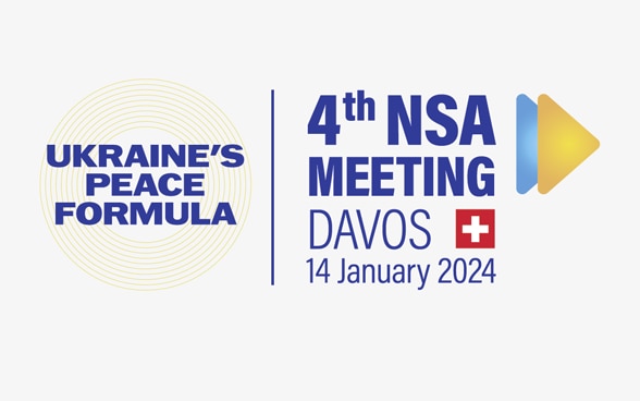 Graphique illustrant un cercle portant l’inscription «Ukraine’s Peace Formula» accolé au logo de la 4e conférence des conseillers à la sécurité nationale de Davos.