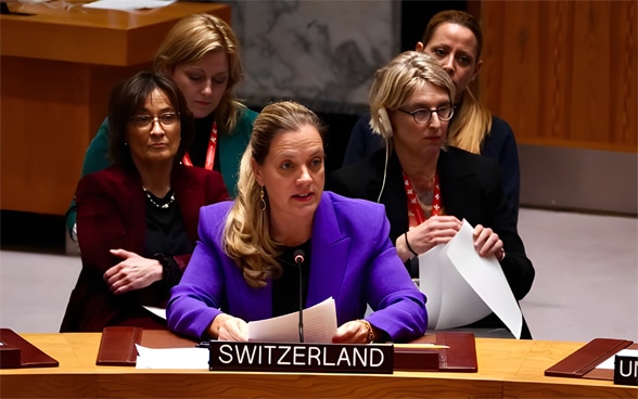 Alexandra Baumann spricht am hufeisenförmigen Tisch des UNO-Sicherheitsrats.
