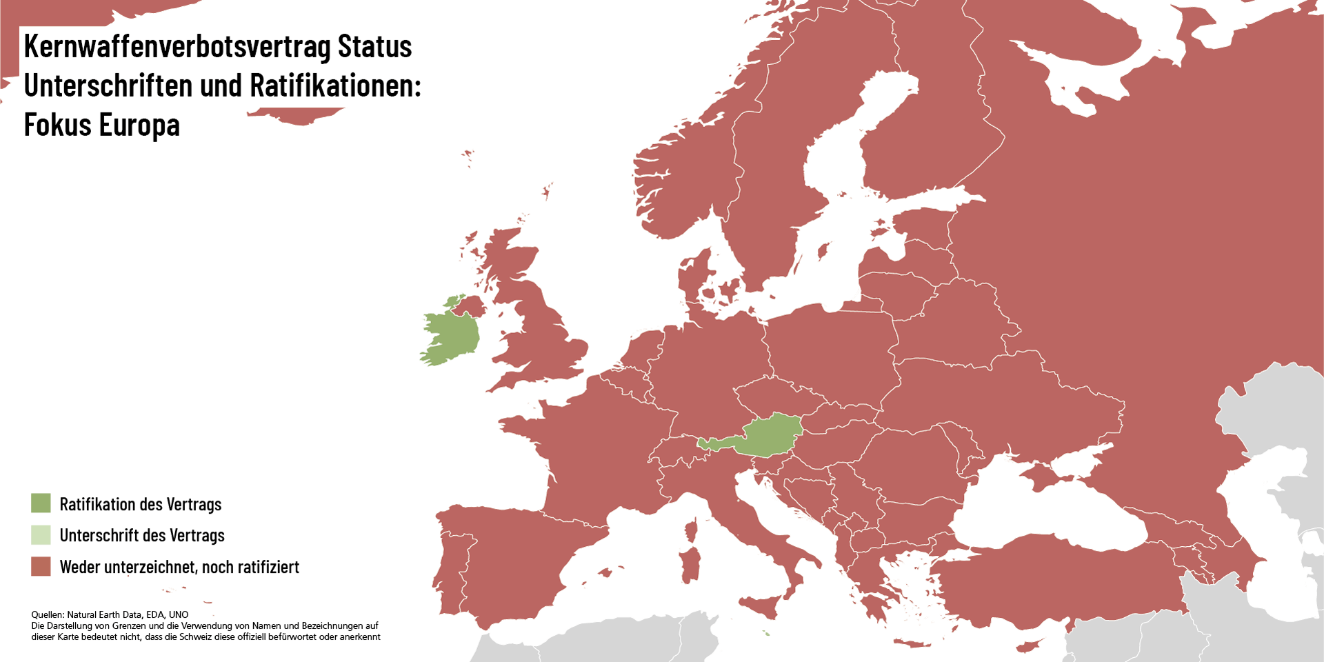 Karte Europas, in welcher alle Länder rot markiert sind ausser Österreich, Liechtenstein und Irland, die grün markiert sind. Letztere sind dem TPNW beigetreten.