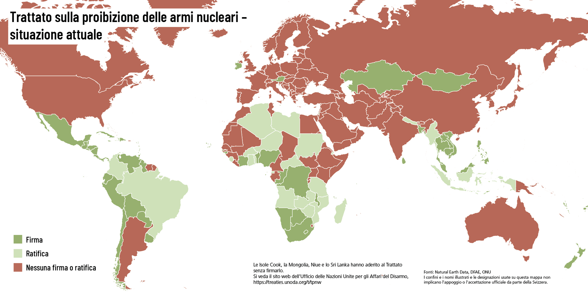 Carta del mondo che raffigura in verde scuro i 70 Stati parte del TPNW, in verde chiaro i 23  Paesi firmatari e in rosso i 102 Stati che non hanno sottoscritto il trattato.