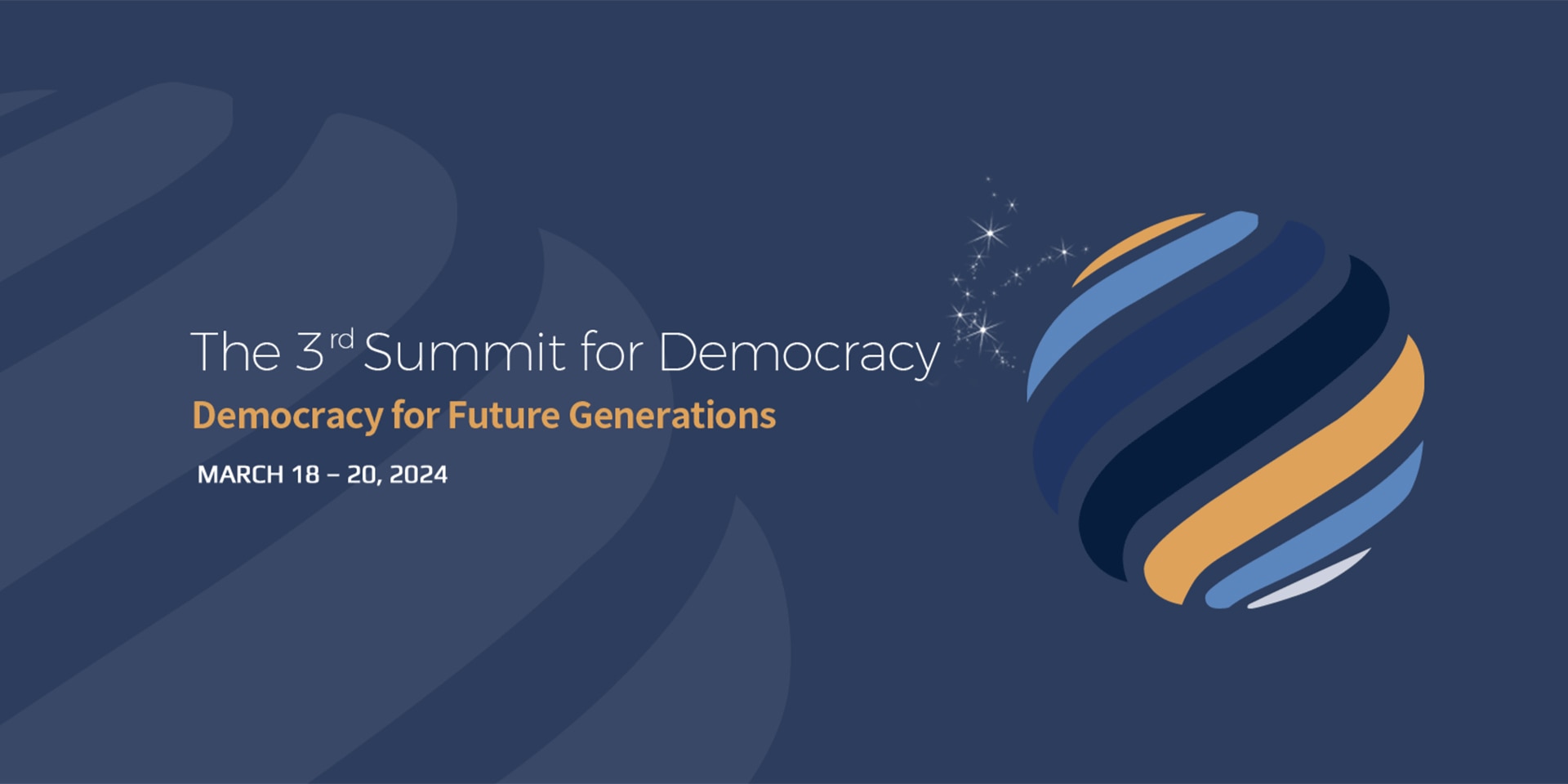 Rappresentazione schematizzata di un globo composto da linee colorate di giallo, blu e nero. Accanto si legge la scritta «Democrazia per le generazioni future», tema del terzo Summit per la democrazia in programma a Seoul.