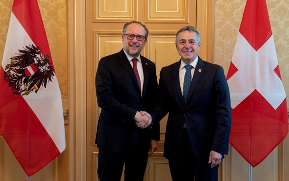 Federal Councillor Ignazio Cassis receives Austrian Minister for Foreign Affairs Alexander Schallenberg in Bern.