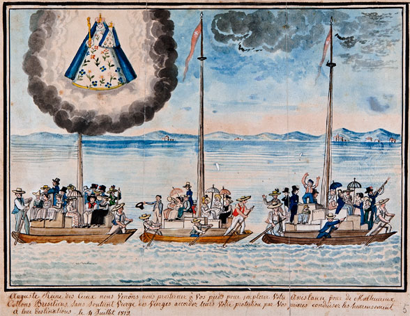 Peinture d’époque représentants trois bateaux transportant des passagers.