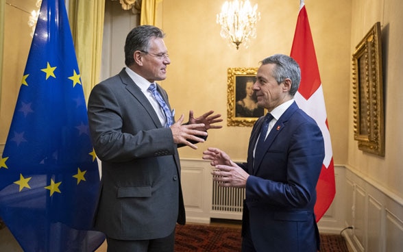 Federal Councillor Ignazio Cassis and Vice-President of the European Commission Maroš Šefčovič during their meeting.