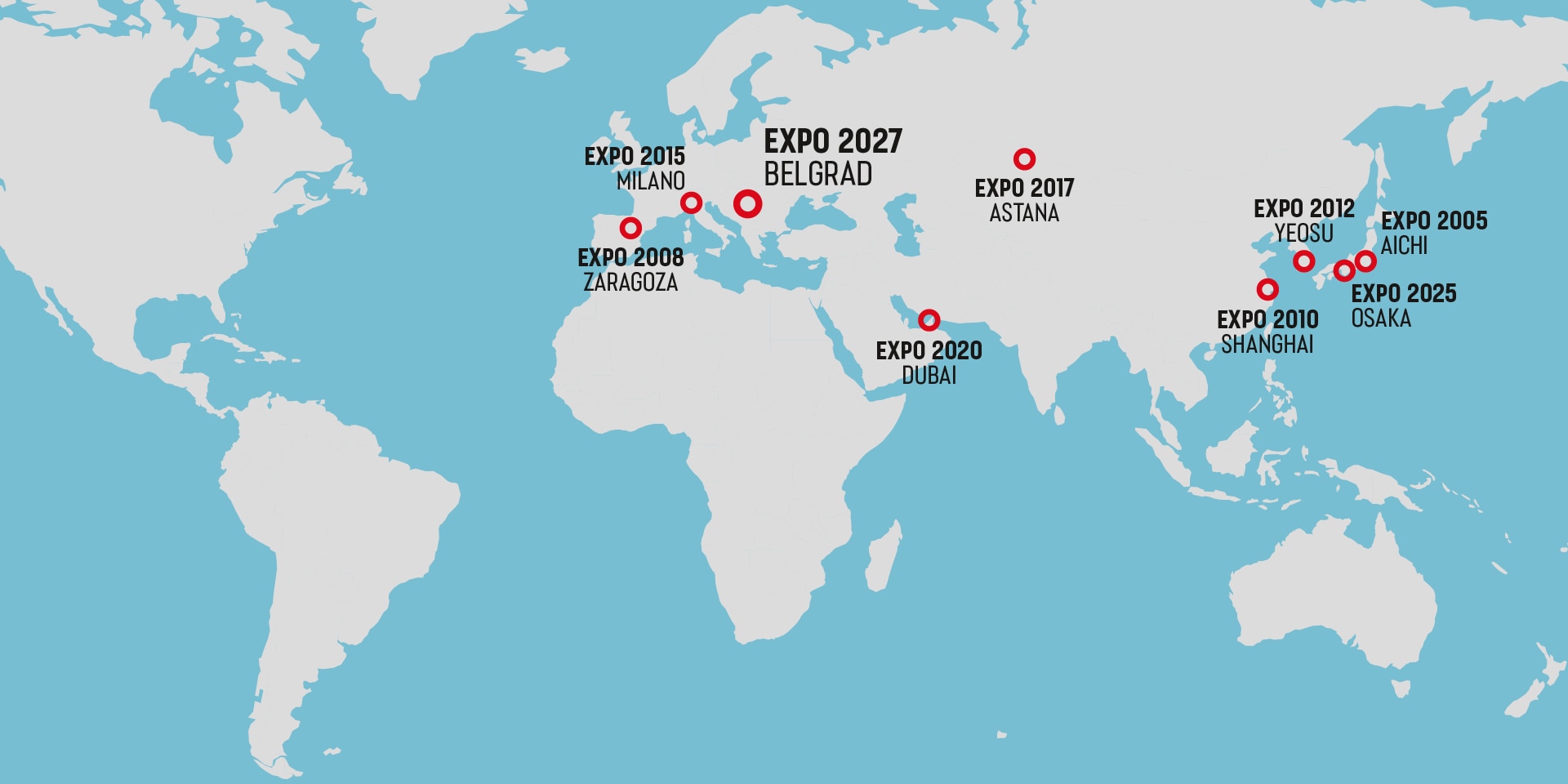 Weltkarte mit 9 Pins, die zeigt, dass die Schweiz in 20 Jahren an 7 Weltausstellungen teilnahm und ihre Teilnahme an Expo 2025 Osaka und Expo 2027 bestätigte.