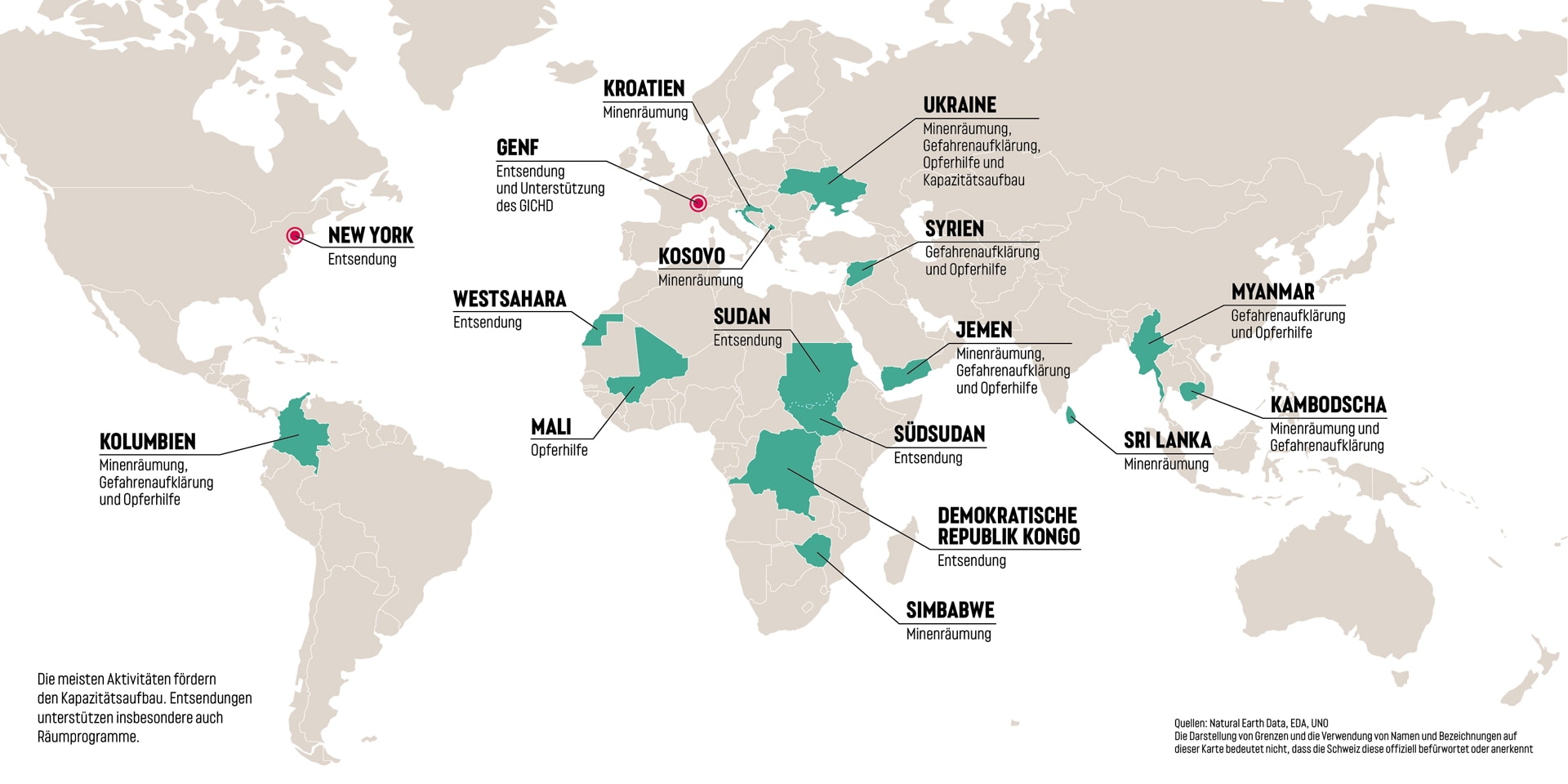 Eine Weltkarte mit den markierten Ländern, wo die Schweiz 2024 Unterstützung in der humanitären Minenräumung leistete..