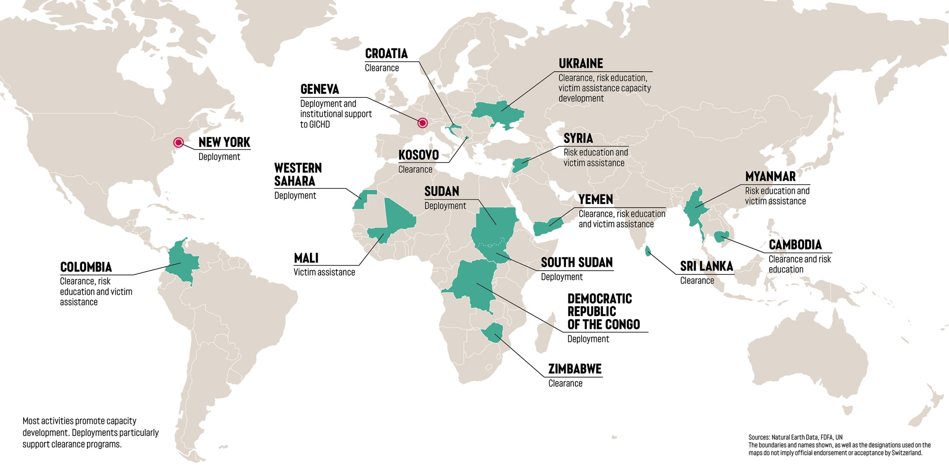 A world map with the countries marked where Switzerland provided support in humanitarian demining in 2024.
