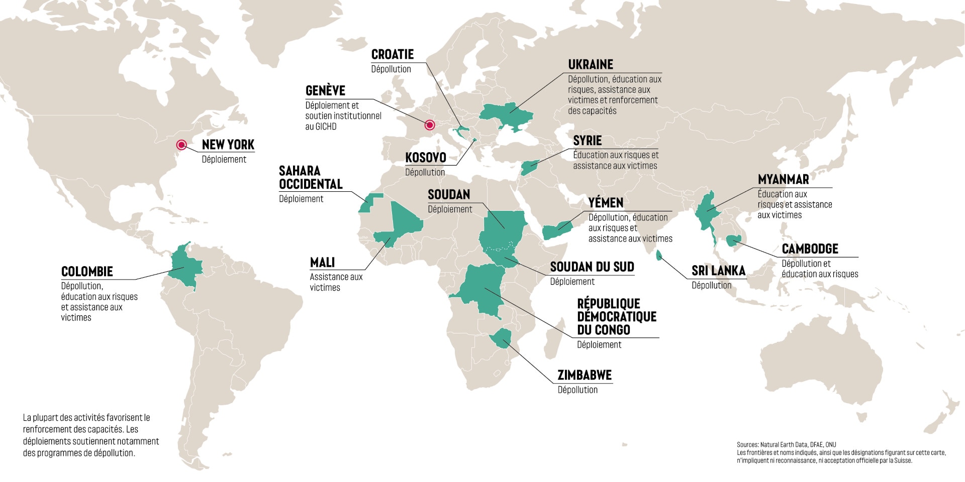Une carte du monde avec les pays marqués où la Suisse a fourni une assistance au déminage humanitaire en 2024.