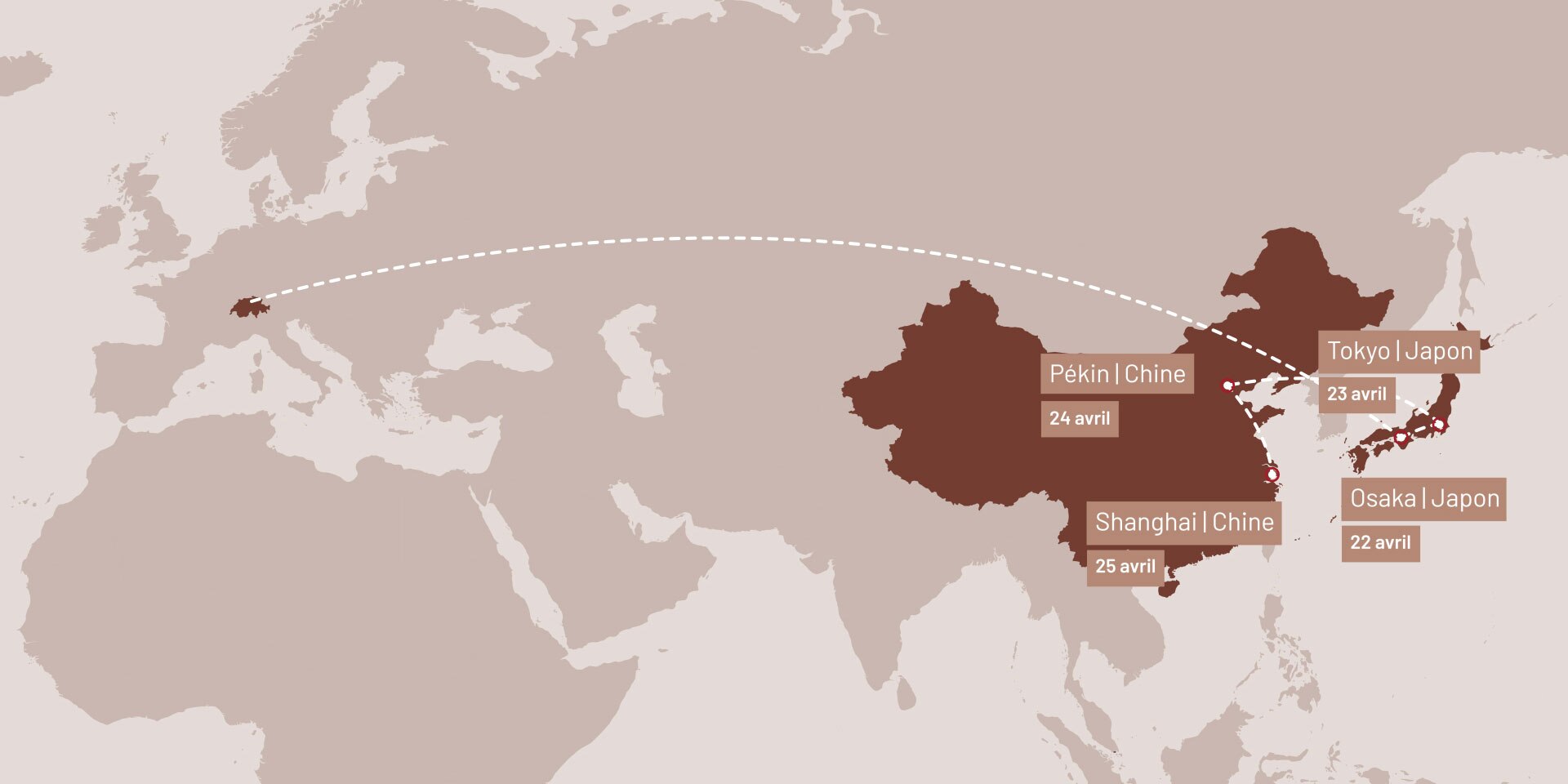 Carte sur laquelle figurent les différentes étapes du voyage du conseiller fédéral Ignazio Cassis: Osaka, Tokyo, Pékin et Shanghai.