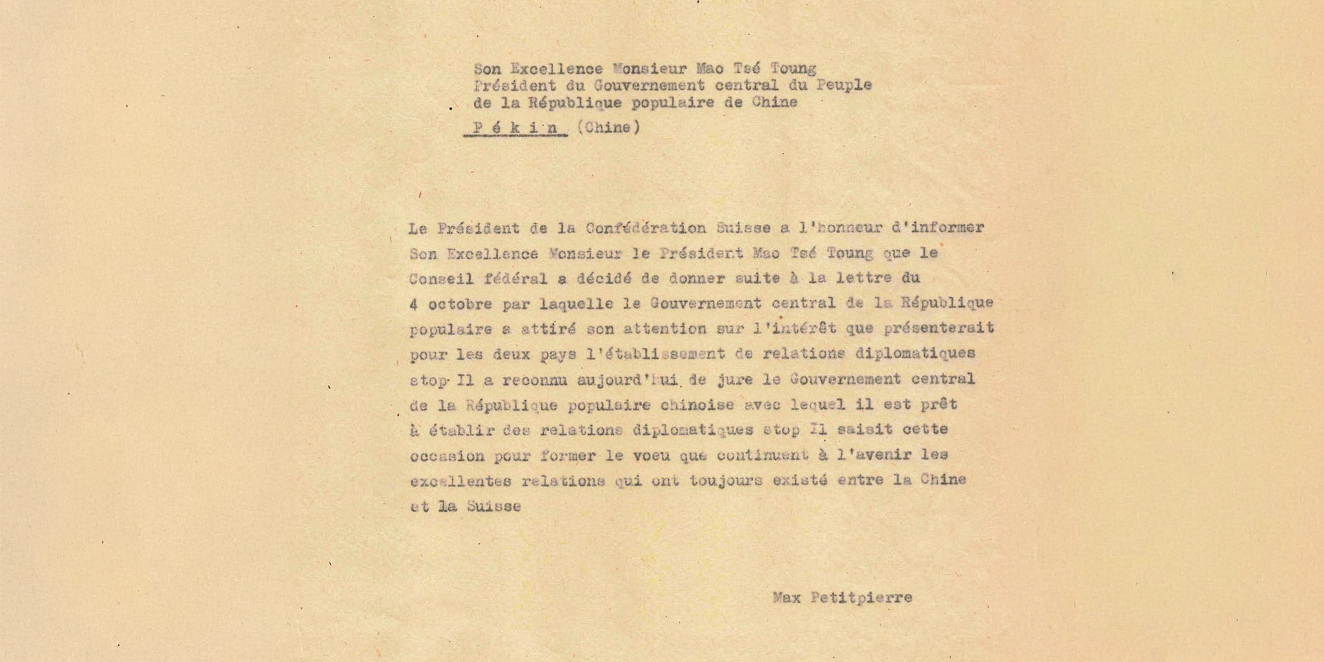 Ein Bild des Telegramms, das der ehemalige Bundepräsident Max Petitpierre an Mao Zedong am 17. Januar 1950 sendete.