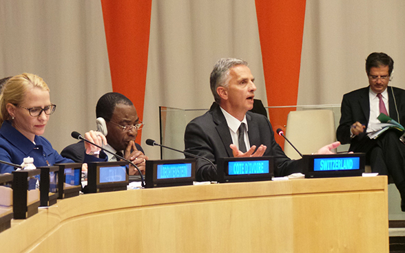 Swiss President Didier Burkhalter speaking at a side event to the 69th UN General Assembly on the possible limitation of veto rights for the members of the UN Security Council. 