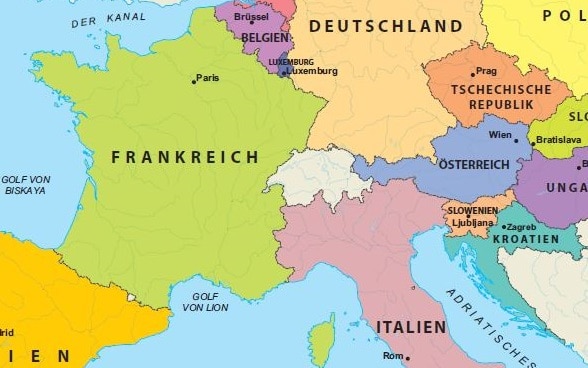 Karte Mitteleuropas mit der Schweiz und ihren Nachbarstaaten.